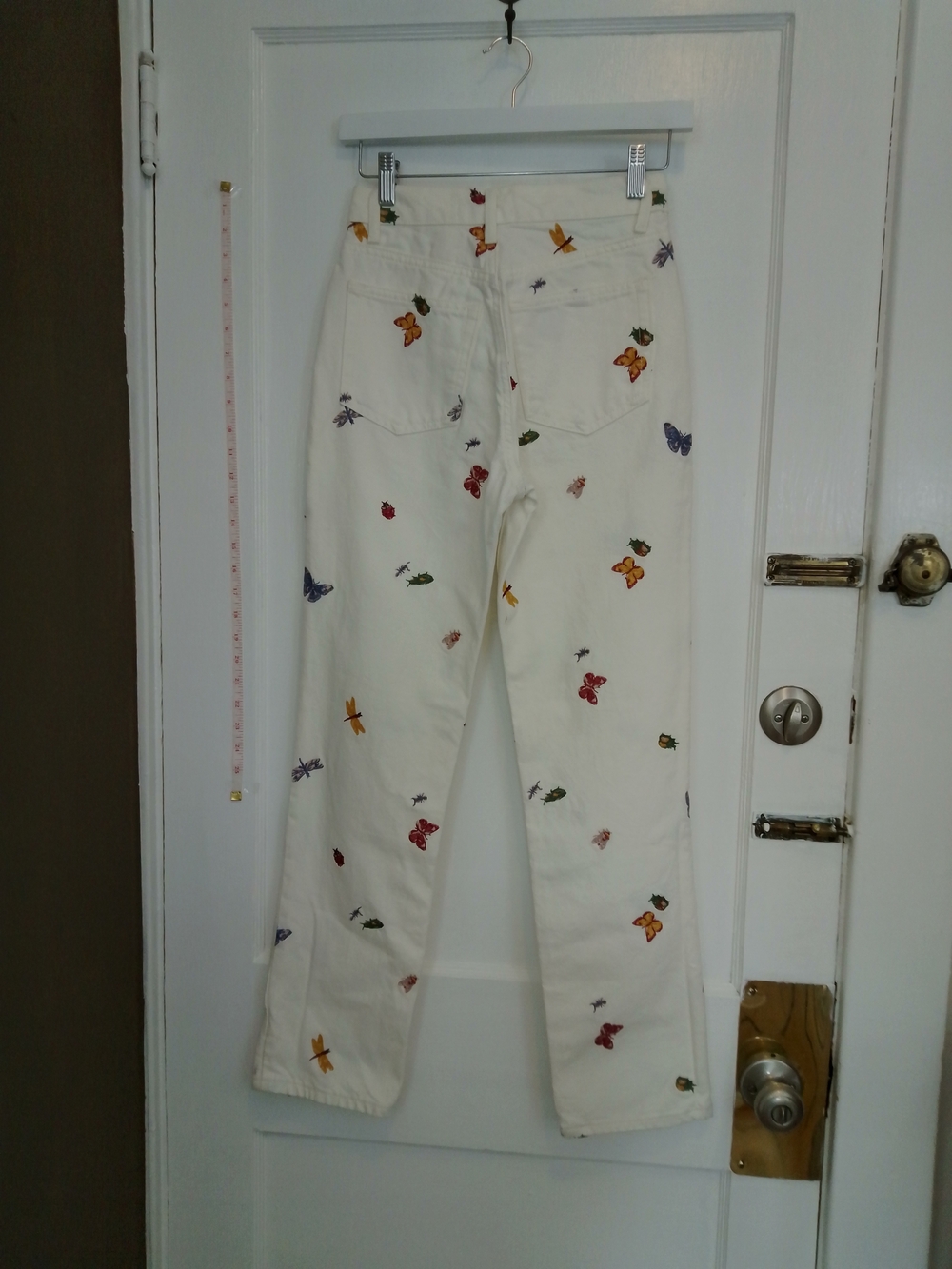 Reformation White Straight-Leg Jeans with Colorful Embroidered Motifs